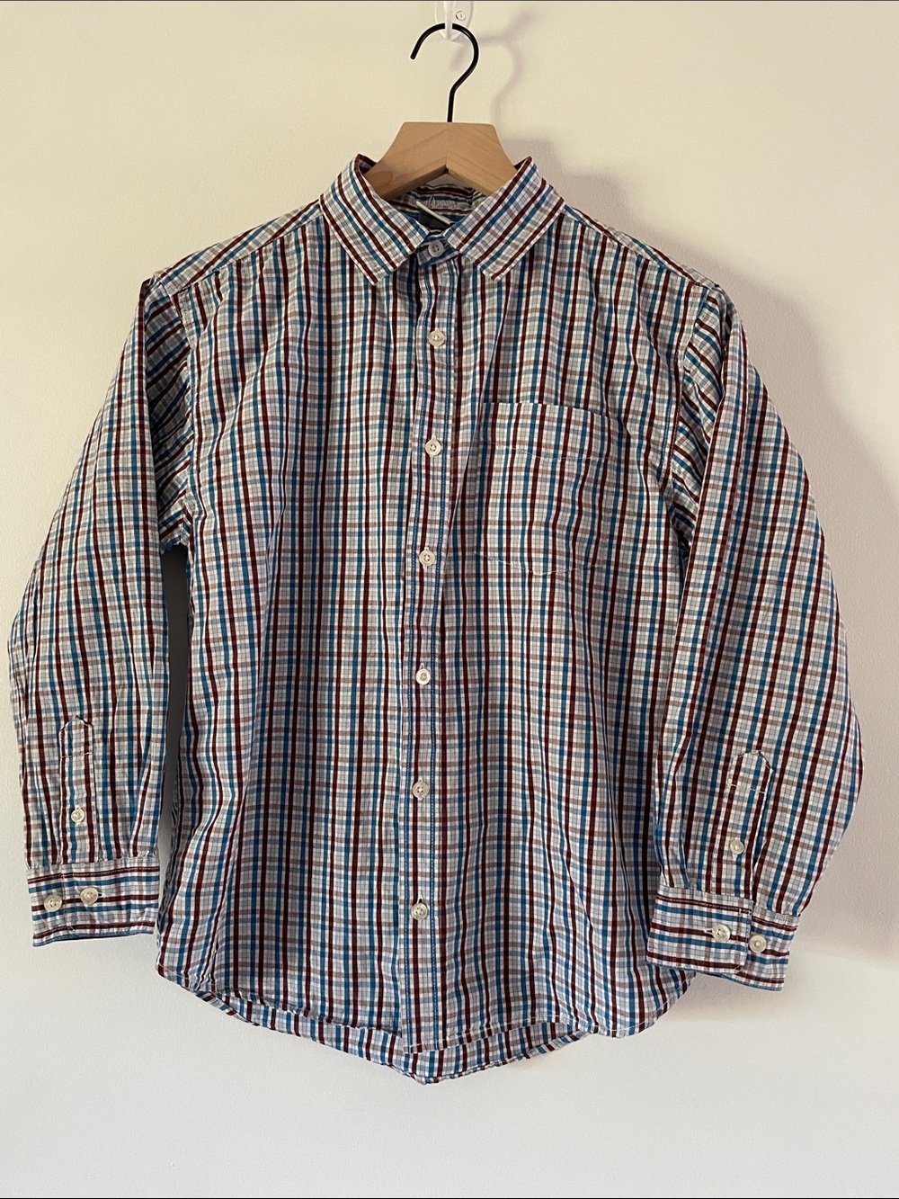 Old Navy Plaid Button Down Up Shirt Cotton Blue Red White Kids Youth Boys Large